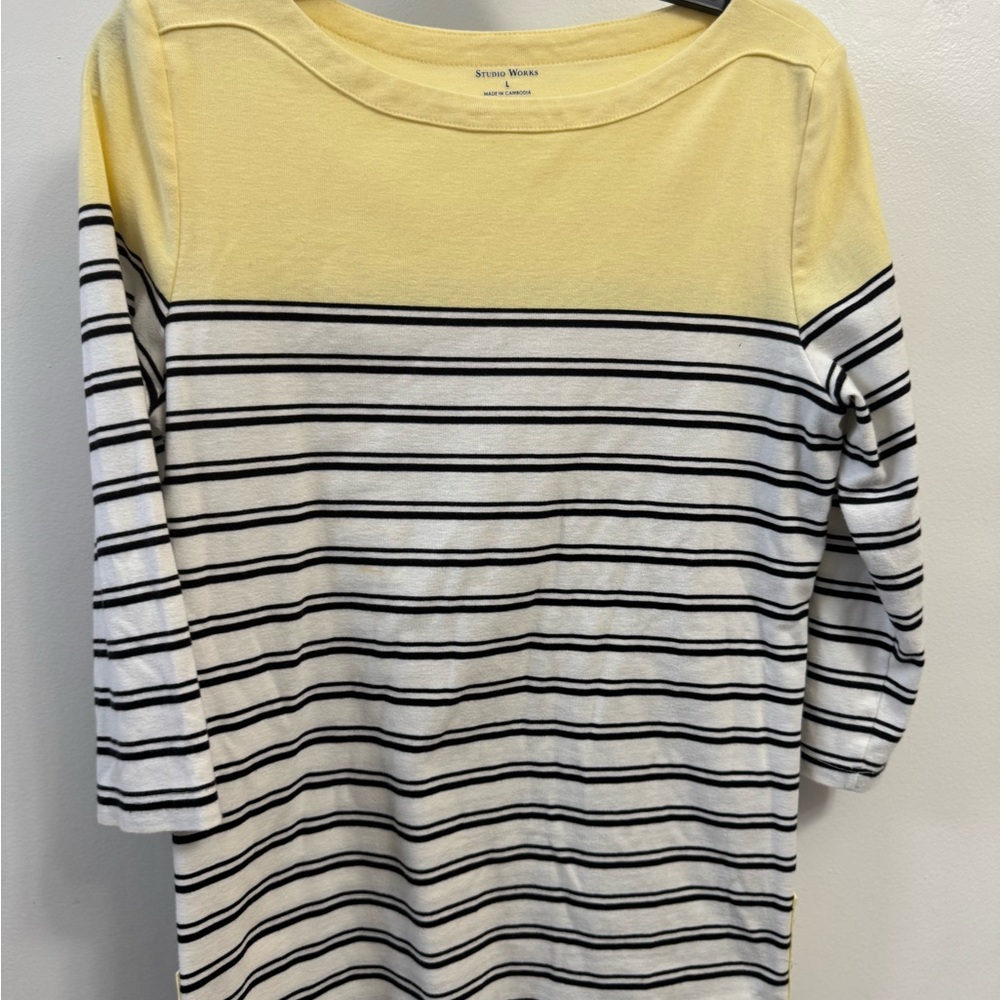 Studio Works Size L Yellow Black White Striped Shirt With Decorative Buttons